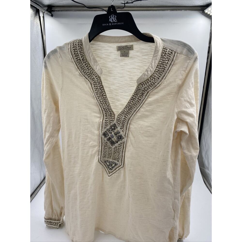 Lucky Brand cream & tan knit long sleeve embroidered boho blouse size M